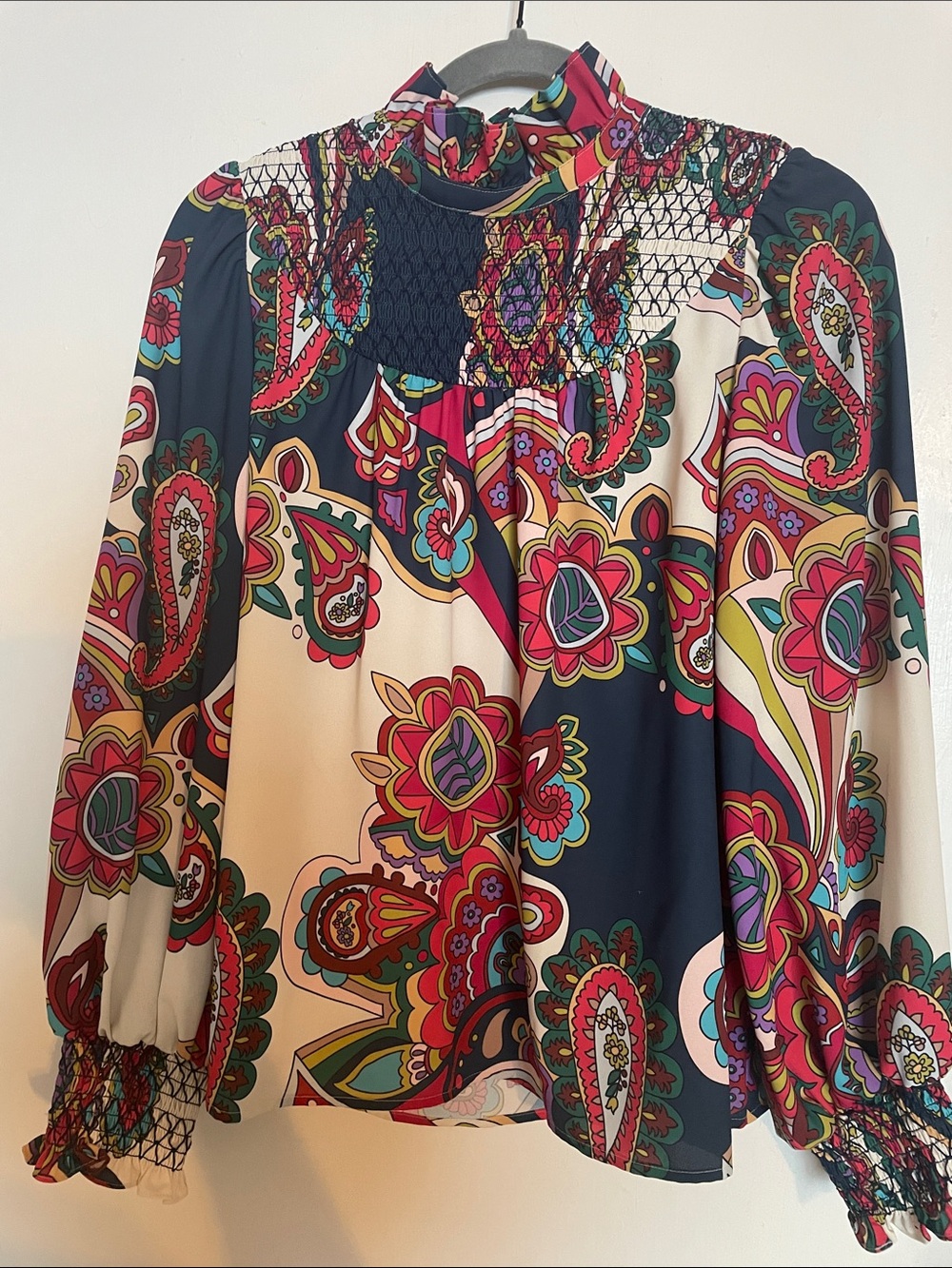 CROSBY by Mollie Burch Multicolor Paisley Smocked-Neck Blouse